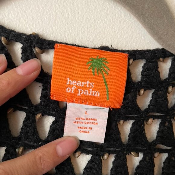 Hearts of Palm Top L Black Crochet Tie Front 3/4 Sleeves Beach Cover Up - Picture 4 of 8